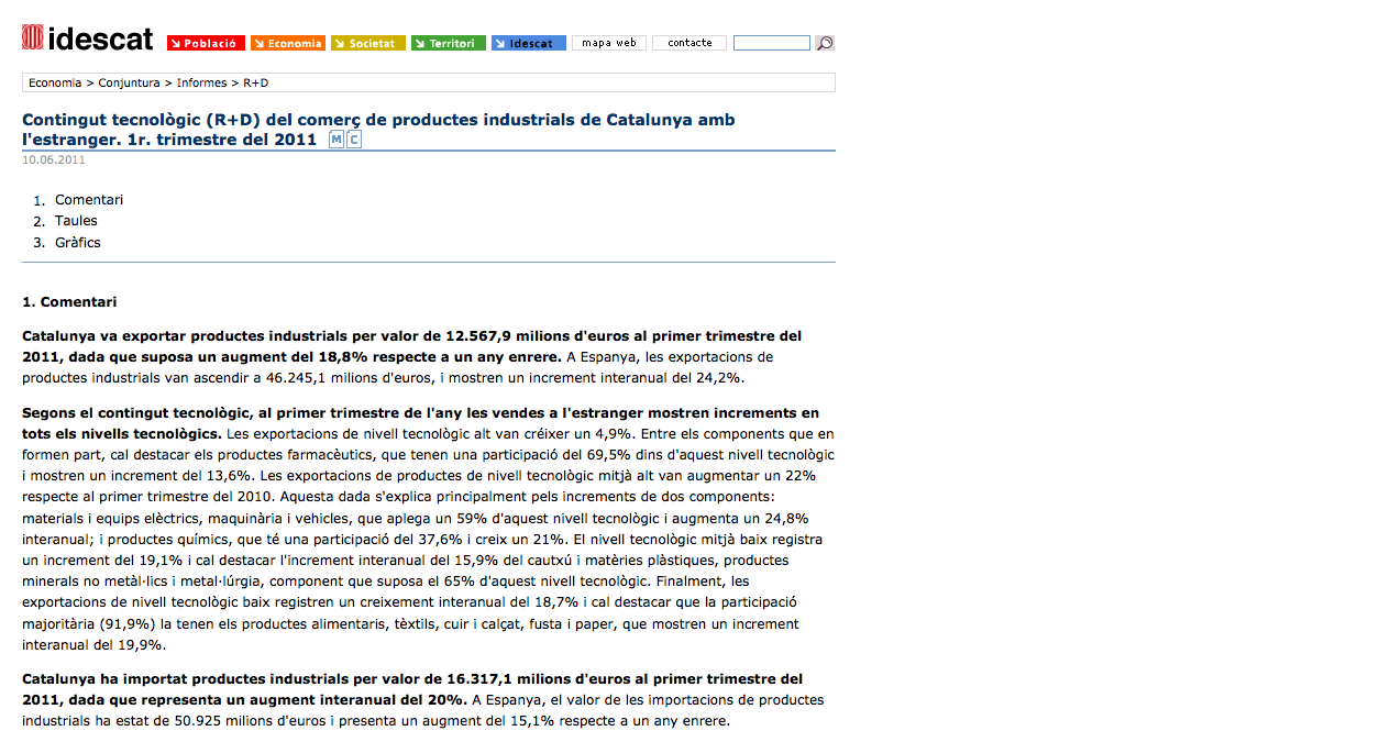 Contingut tecnològic (R+D) del comerç de productes industrials de Catalunya amb l'estranger. 1r  trimestre del 2011 | Recurso educativo 37149