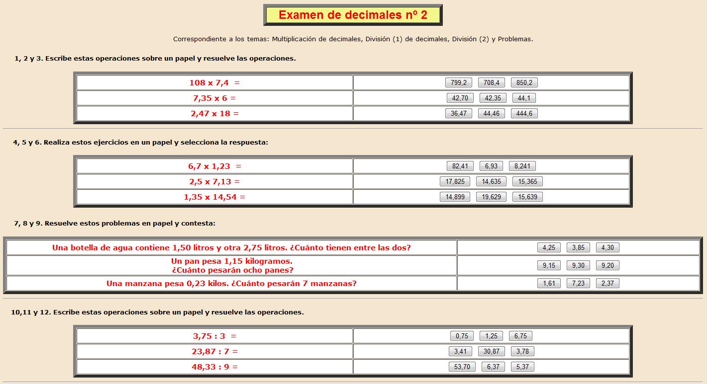 Examen de decimales nº 2 | Recurso educativo 37996